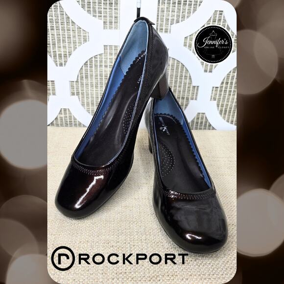 Rockport Dark Brown NWOT Patent Leather Slip On Block Heel Pumps Size 7W - Picture 1 of 13